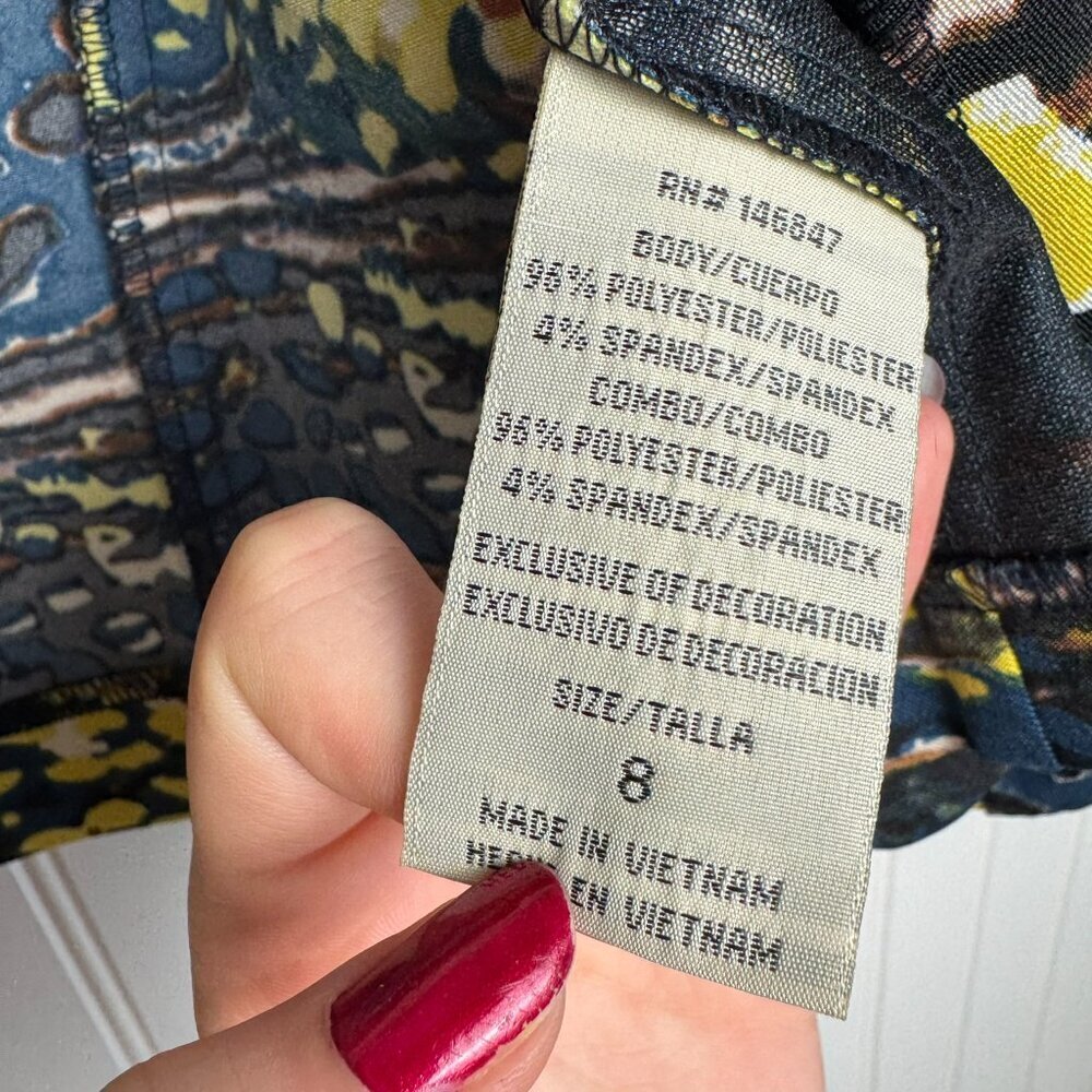 Maya Brooke blue yellow patterned 3/4 sleeve crop blazer size 8 P24 - Picture 4 of 6